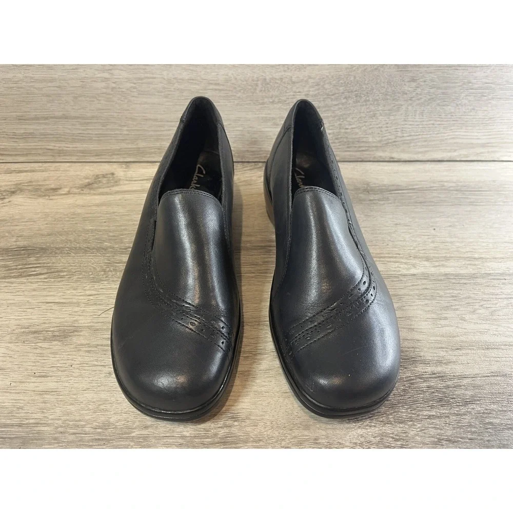 Clarks Shoes‎ Womens 8.5 M Slip On Loafers 80740 Gray Leather Casual Wedge